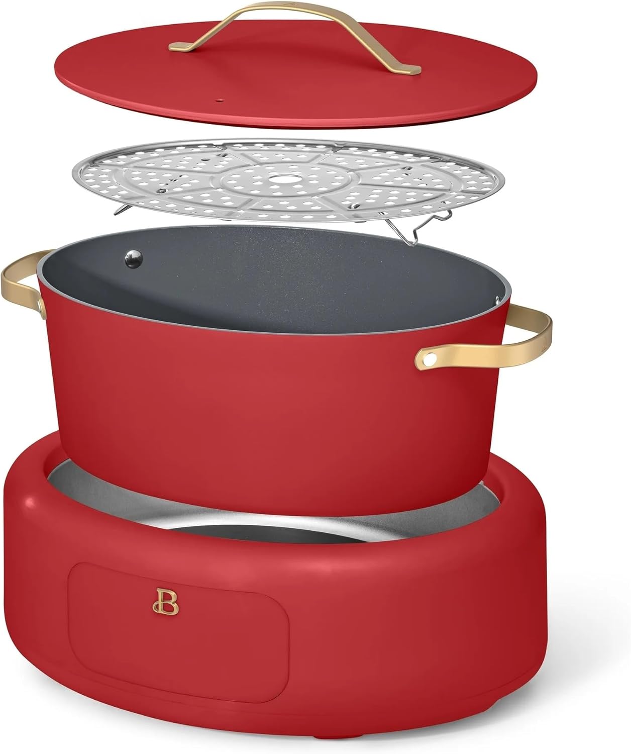 Beautiful 10-in-1 Electric Multi-Cooker by Drew Barrymore, 6-quart, digital display, 10 cooking functions, non-stick pot, easy one-touch control (Tomato Red)