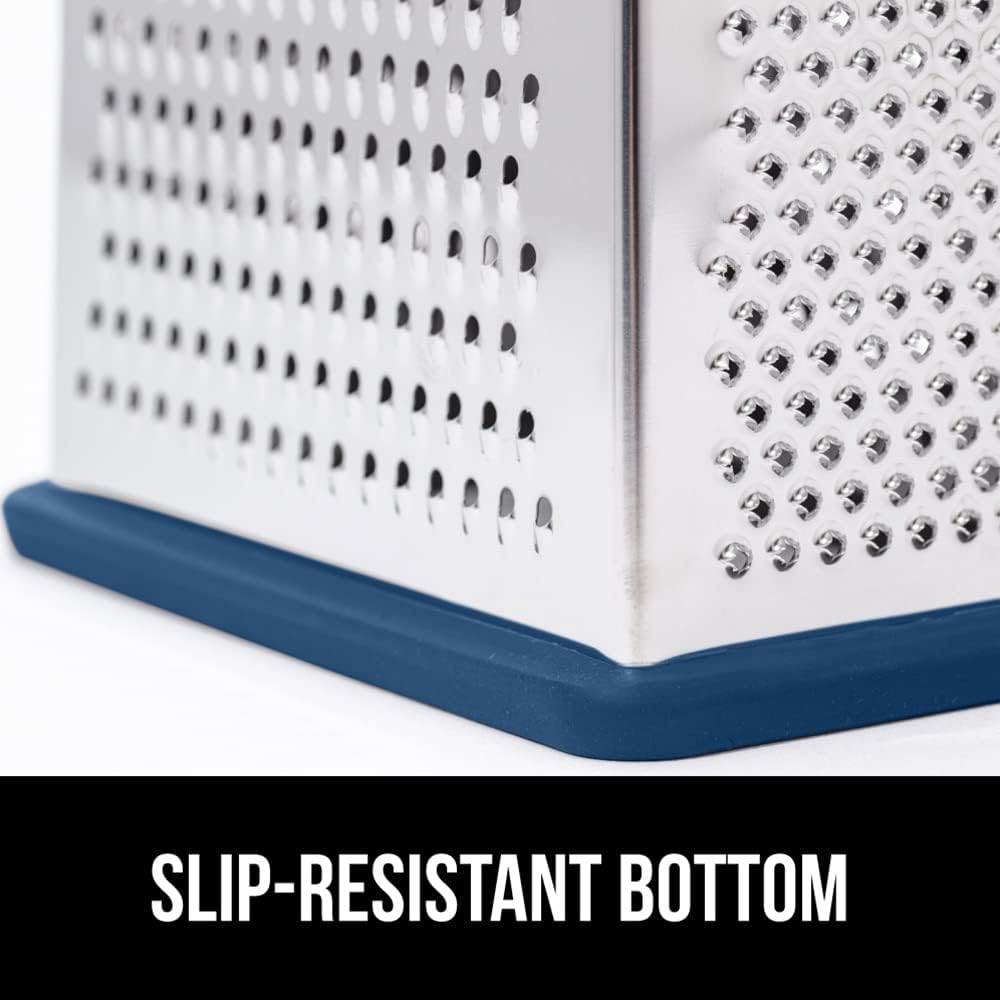 GORILLA GRIP 4-Sided 100% BPA-Free Cheese Grater With Container, Stainless Steel XL Box Graters, Parmesan Shredder, Grate Cheeses, Shred Veggies, Slip Resistant Handle, Dishwasher Safe Zester, Blue