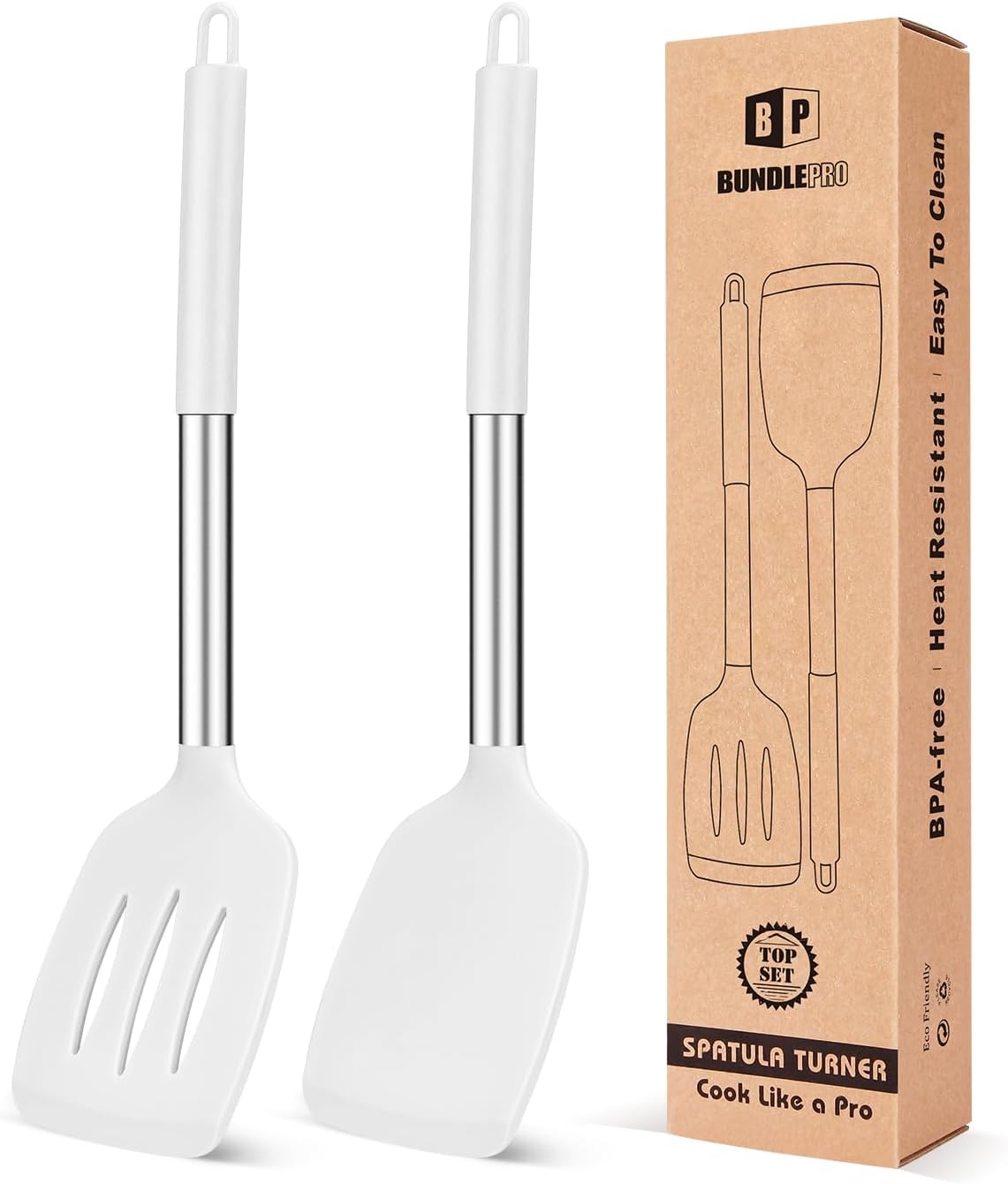Pack of 2 Silicone Solid Turner, Non Stick Slotted Kitchen Spatulas, High Heat Resistant BPA Free Cooking Utensils, Ideal Cookware for Fish, Eggs, Pancakes(White)