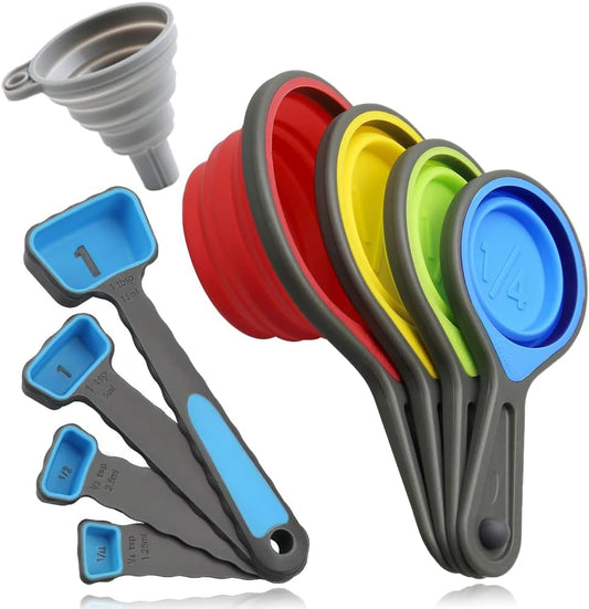 leepiya Measuring Cups and Spoons set, Collapsible Measuring Cups, 8 piece Measuring Tool Engraved Metric/US Markings for Liquid & Dry Measuring, Space Saving, BPA Free Silicone, Colorful