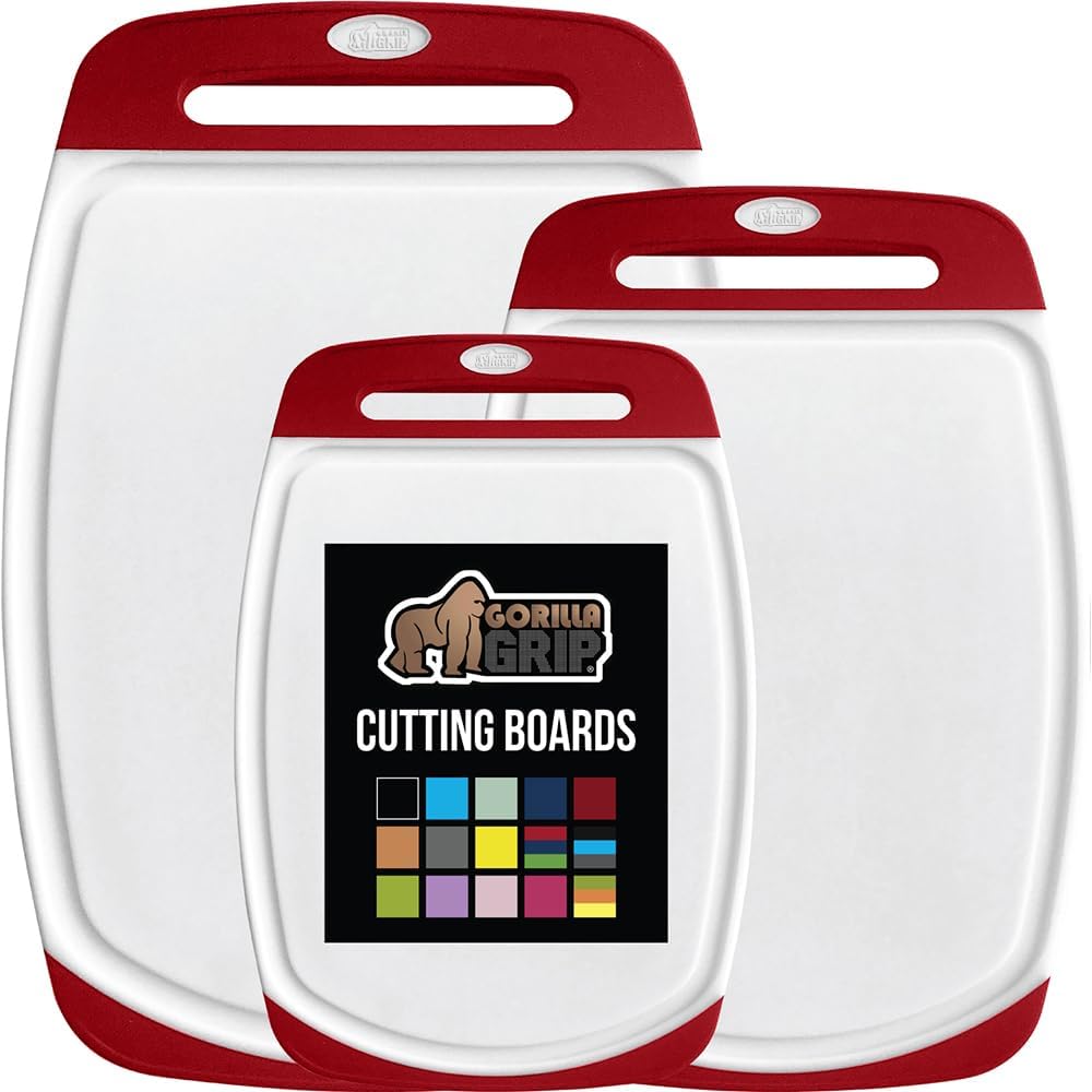 GORILLA GRIP BPA-Free Reversible Kitchen Cutting Board Set of 3, US Designed, Nonporous, Juice Grooves Catch Liquid, Slip Resistant Border, Durable Food Chopping Boards, Christmas Kitchen Decor, Red