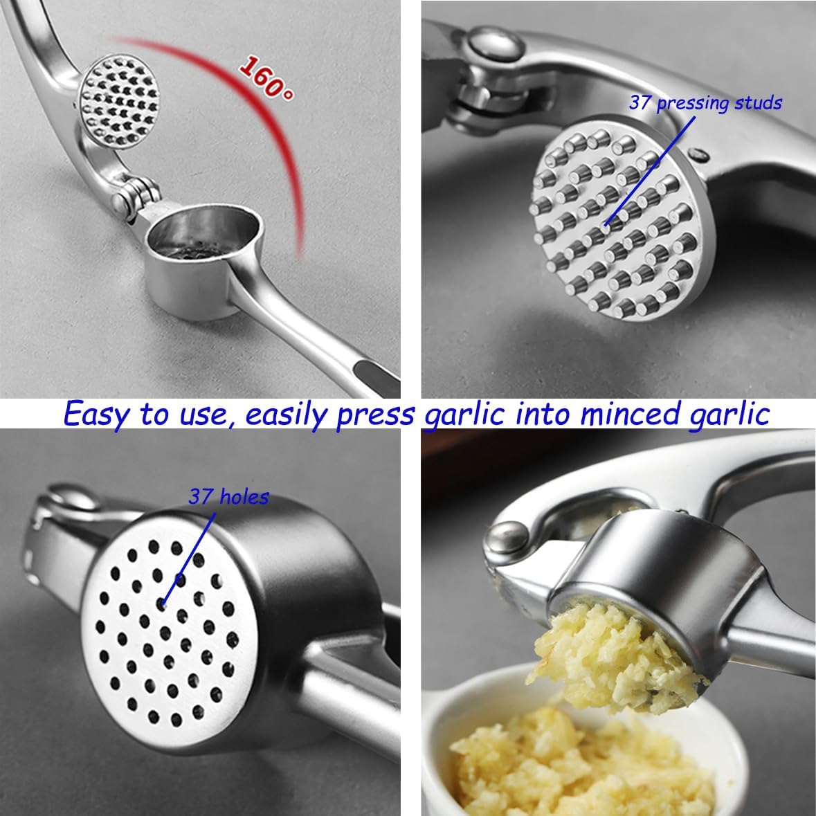 Garlic Press And Peel Set,Heavy Duty Garlic Crusher,Rust Proof Garlic Mincer Tool,Easy to Squeeze And Clean, Includes Silicone Garlic Peeler And Brush