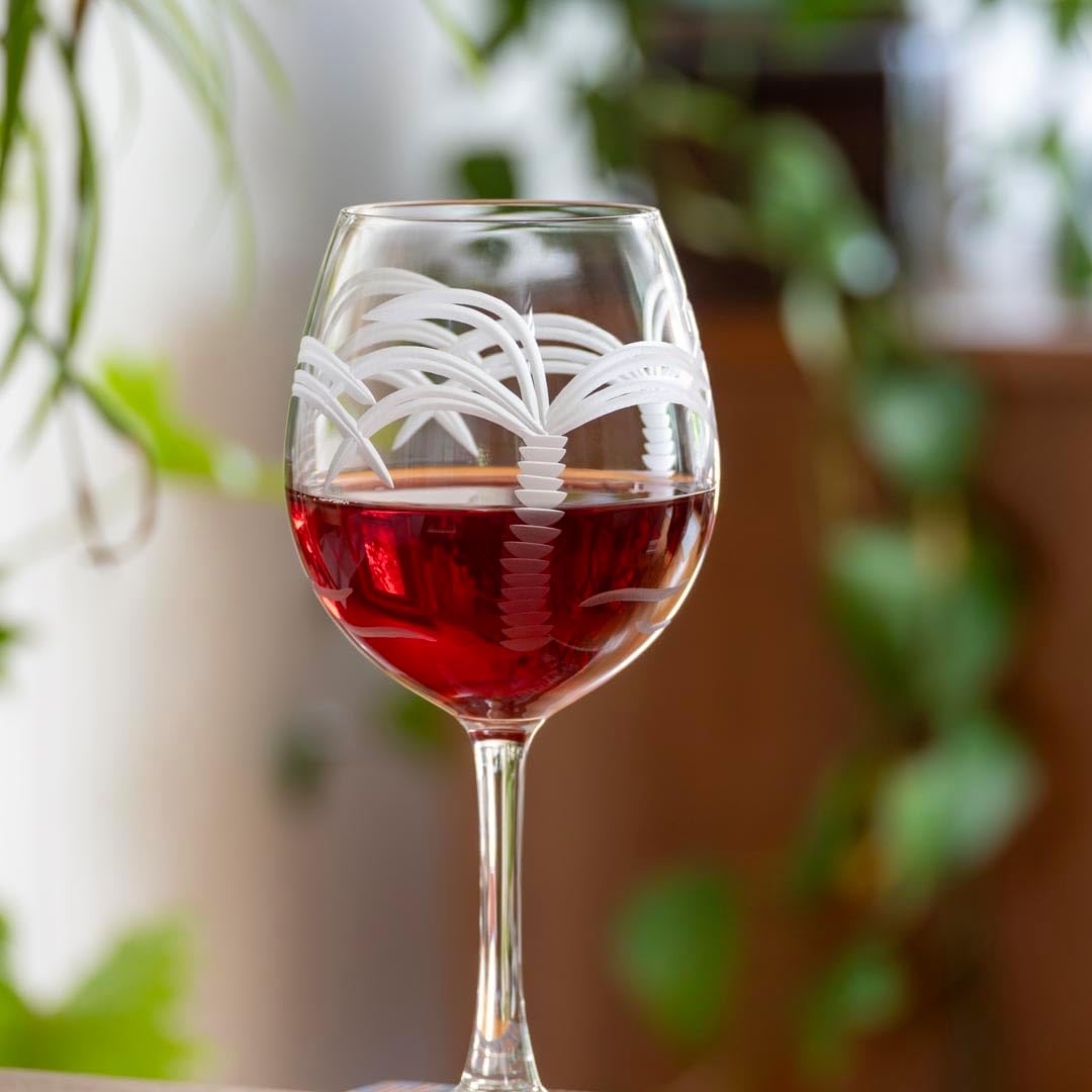 Rolf Glass Palm Tree Balloon Wine Glass | 18oz Red Wine Glasses | Lead-Free, Diamond-Wheel Engraved Crystal Glass | Coastal Palm Tree Design| Made in the USA | Set of 2