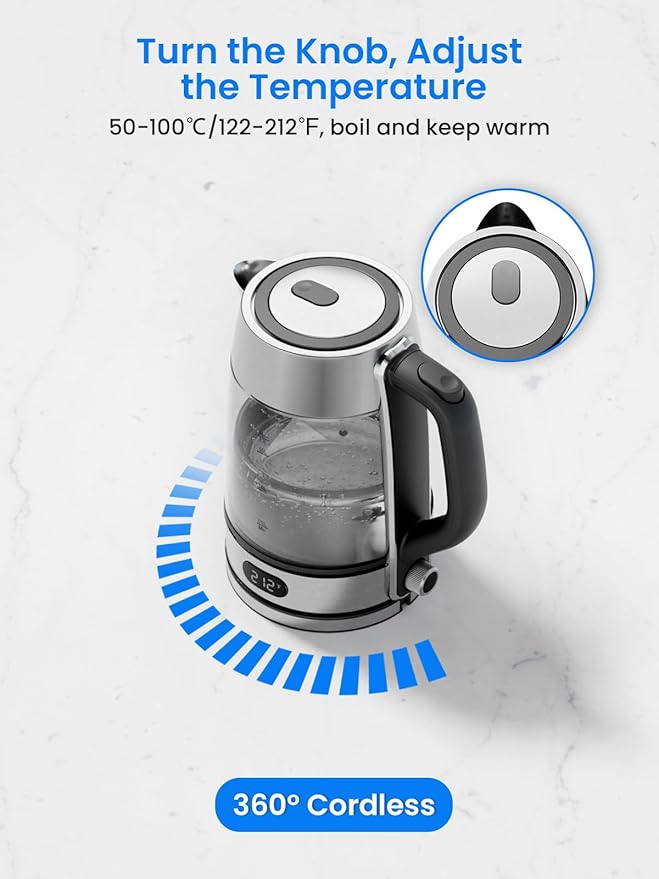 Kismile Electric Kettle, Color-Changing Light, 7 Adjustable Temp Settings & 2h Keep Warm, Auto Shut-Off, 1.7L 1500W Water Boiler for Coffee & Tea, Borosilicate Glass