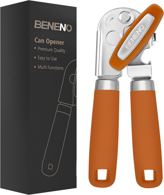 Beneno Heavy Duty Hand Can Opener Manual with Magnet, Durable Sharp Carbon Steel Blade Smooth Cutting, Big Effort-Saving Knob, Soft Grip Handle, Multifunctional Kitchen Tool with Bottle Opener, Orange