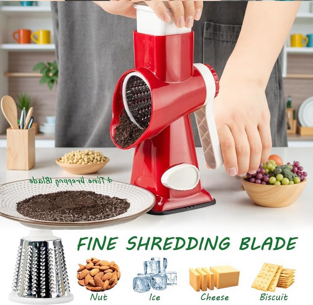 Cheese Grater with Handle, Multifunctional Manual Rotary Cheese Grater - Cheese Shredder Easily Chop Carrots, Potatoes, Vegetables and Fruits and Easy to Clean(red)