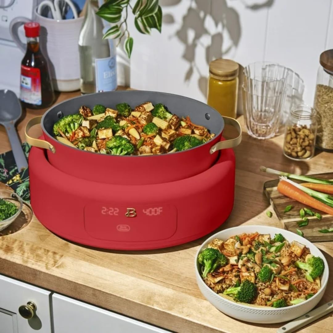 Beautiful 10-in-1 Electric Multi-Cooker by Drew Barrymore, 6-quart, digital display, 10 cooking functions, non-stick pot, easy one-touch control (Tomato Red)