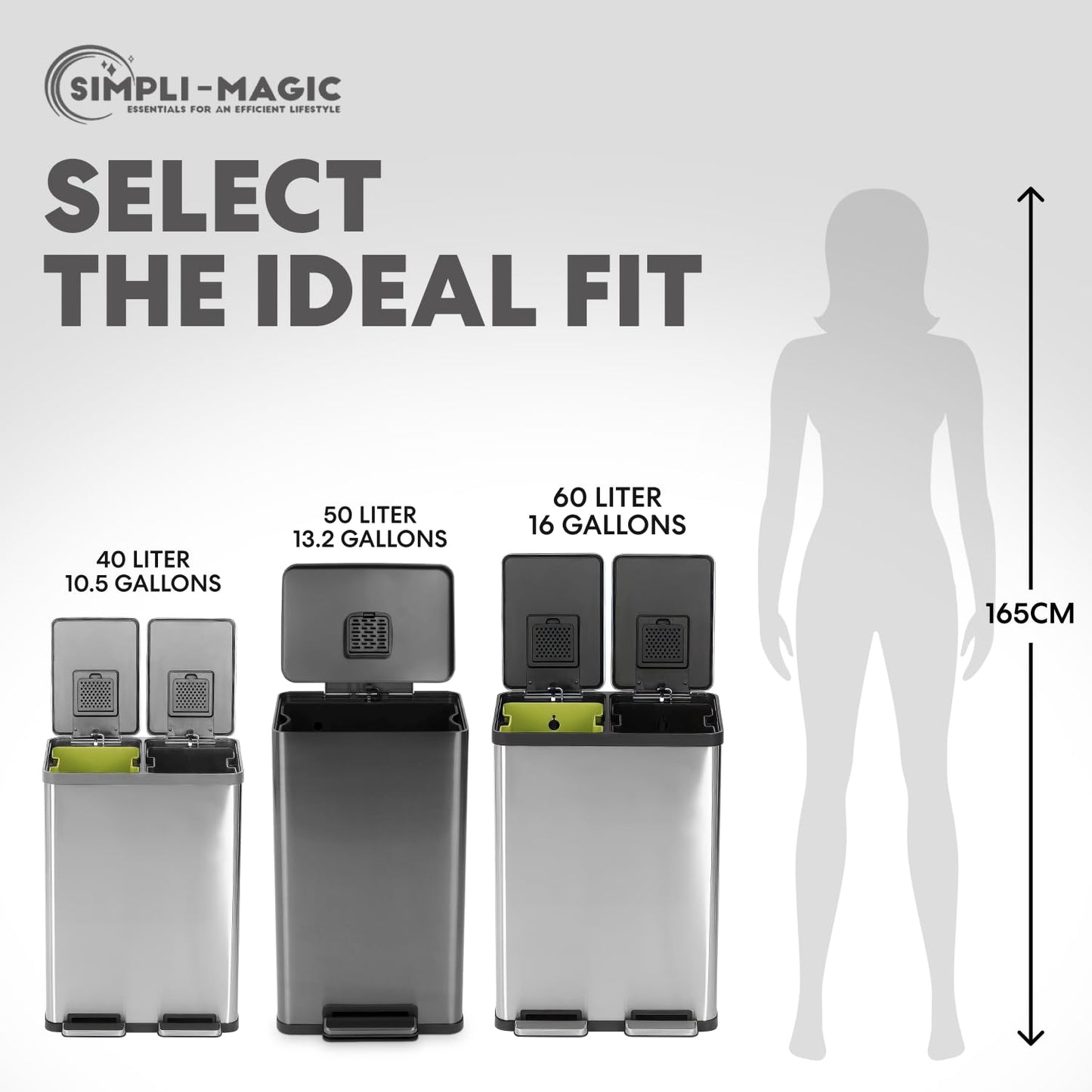 SIMPLI-MAGIC 13.2 Gallon (50L) Step Trash Can – Kitchen Garbage Can with Slow-Close Lid – Odor Control, Hands-Free, Easy to Clean, Brushed Stainless Steel