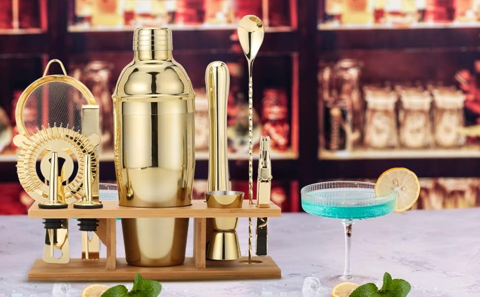 Shakers Bartending, 11Pcs-Cocktail Shaker Set Gold Drink Mixer with 25oz Martini Shaker,Muddler,Bar Spoon and More Professional for Home and Bartender.(Gold)
