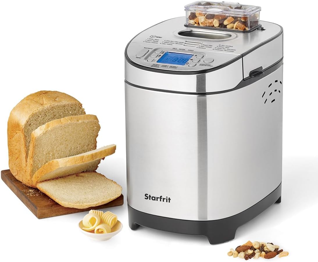 Starfrit Electric Bread Maker - 2lb Loafs - Non-Stick Removable Pan - Automatic Nut Dispenser - 13 Preset Programs - 550W