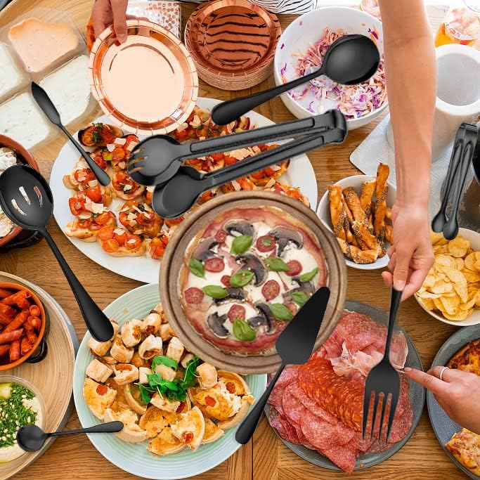 12 PCS Stainless Steel Serving Utensils - Large and Slotted Spoons, Forks, Tongs Bundle, Perfect for Buffet Catering and Parties, Black