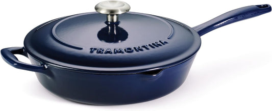 Tramontina Bestow Enameled Cast Iron Skillet with Lid, 10-inch Frying Pan, Blue