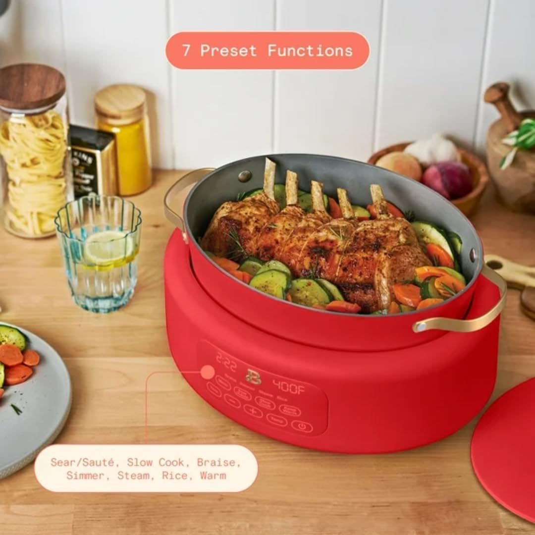 Beautiful 10-in-1 Electric Multi-Cooker by Drew Barrymore, 6-quart, digital display, 10 cooking functions, non-stick pot, easy one-touch control (Tomato Red)