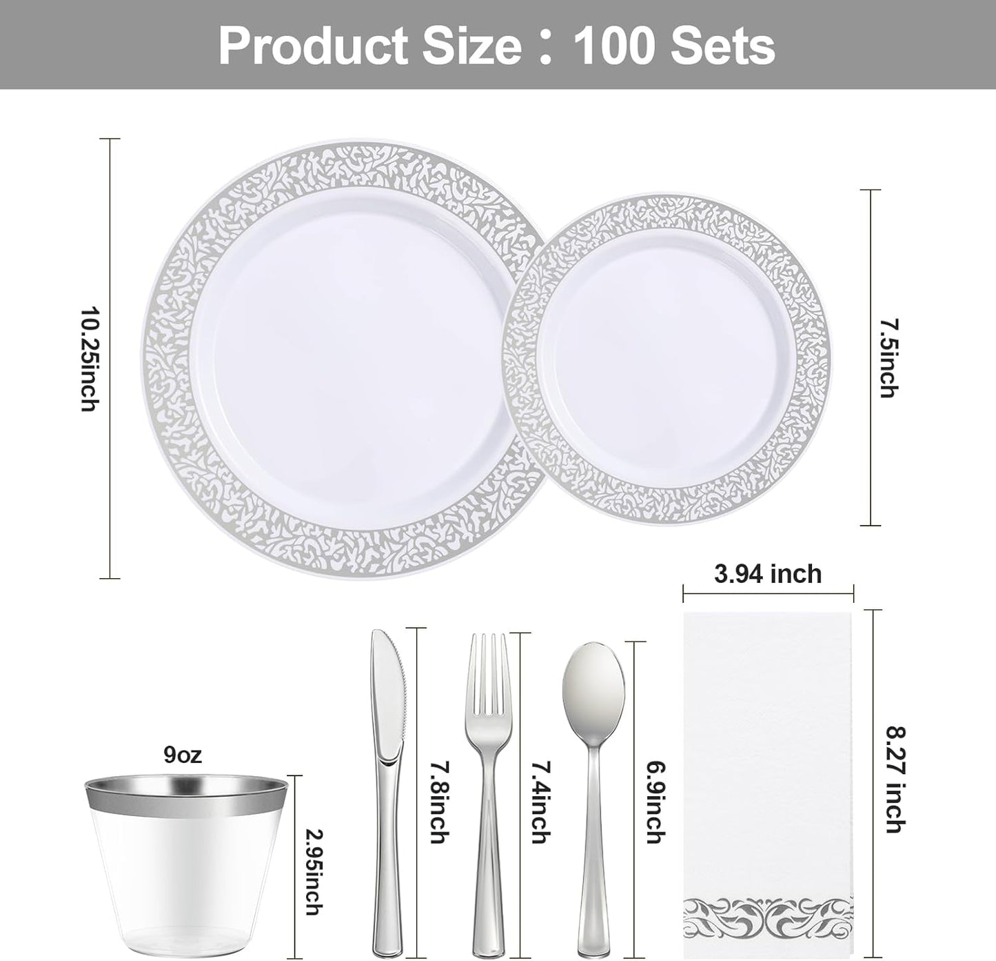 700PCS Silver Plastic Dinnerware Set for 100 Guests, Disposable Plates for Party, Include 100 Dinner Plates, 100 Dessert Plates, 100 Set Silver Silverware, 100 Cups, 100 Napkins