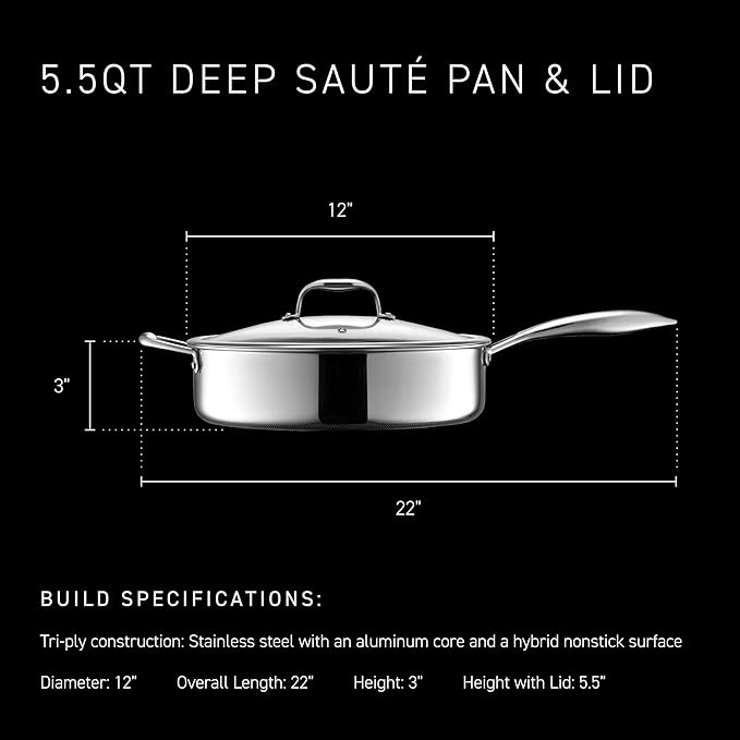 HexClad Hybrid Nonstick 5.5-Quart Deep Sauté Pan with Tempered Glass Lid, Stay-Cool Handle, Dishwasher-Friendly, Oven-Safe Up to 900°F, Induction Ready, Compatible with All Cooktops