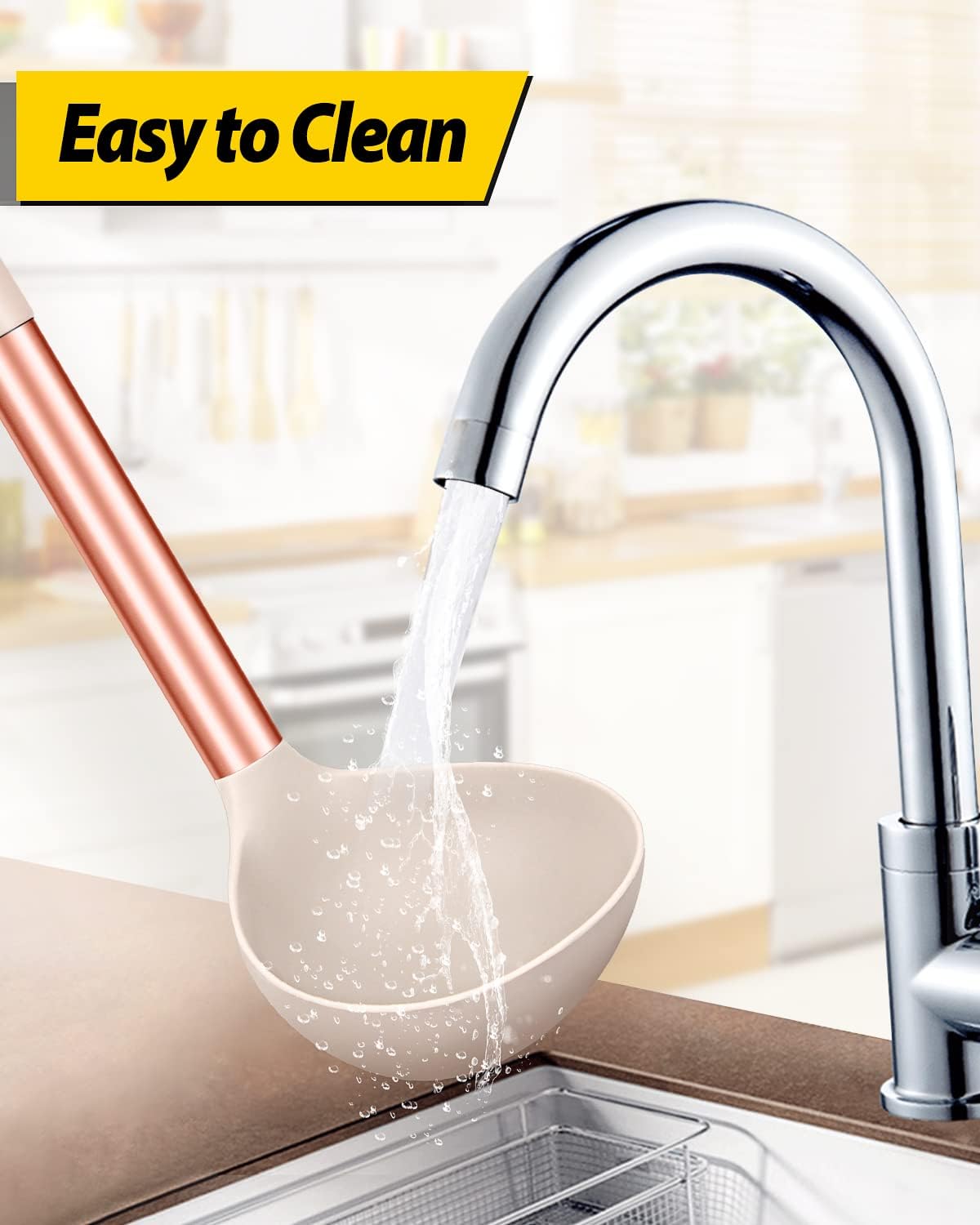 Pack of 2 Ladle Spoon,Silicone Large Spoon for Soup,Non Stick Kitchen Utensils with High Heat Resistant,BPA Free Perfect Kitchen Tools for Cooking, Stirring,Serving Soups (ROSE GOLD BLACK-KHAKI)