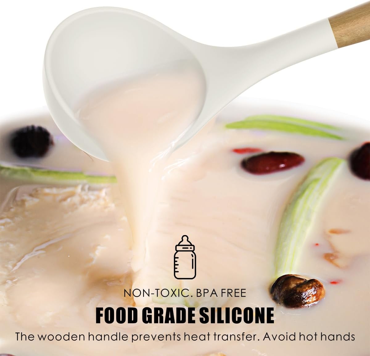 Silicone Cooking Utensils Set - 446°F Heat Resistant Silicone Kitchen Utensils for Cooking,Kitchen Utensil Spatula Set w Wooden Handles and Holder for Non-Stick Cookware (Cream White)