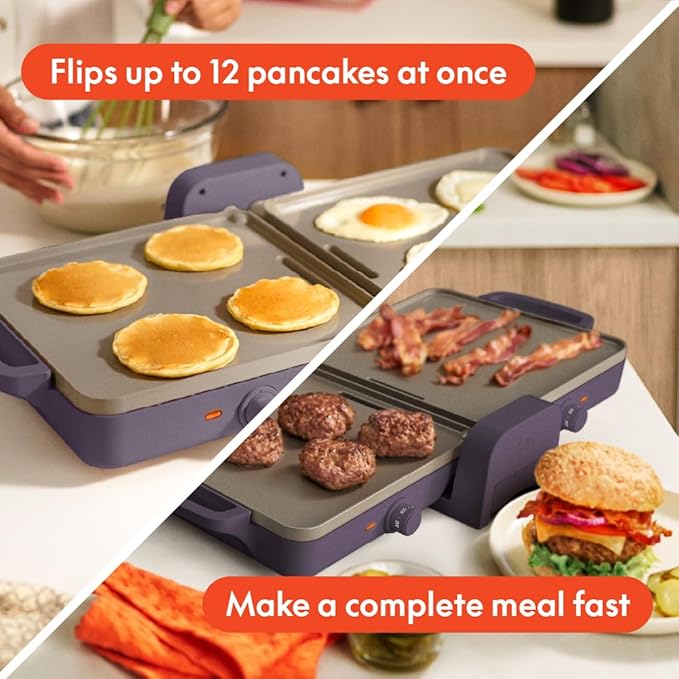 bella 10"x 20" Ceramic Fold-n-Store Dual Temp Griddle, Fits-anywhere Kitchenware, EverGood Ceramic Nonstick Coating, 2 Temperature Zones up to 400°F, Dishwasher Safe Drip Tray, 1500 Watt, Plum