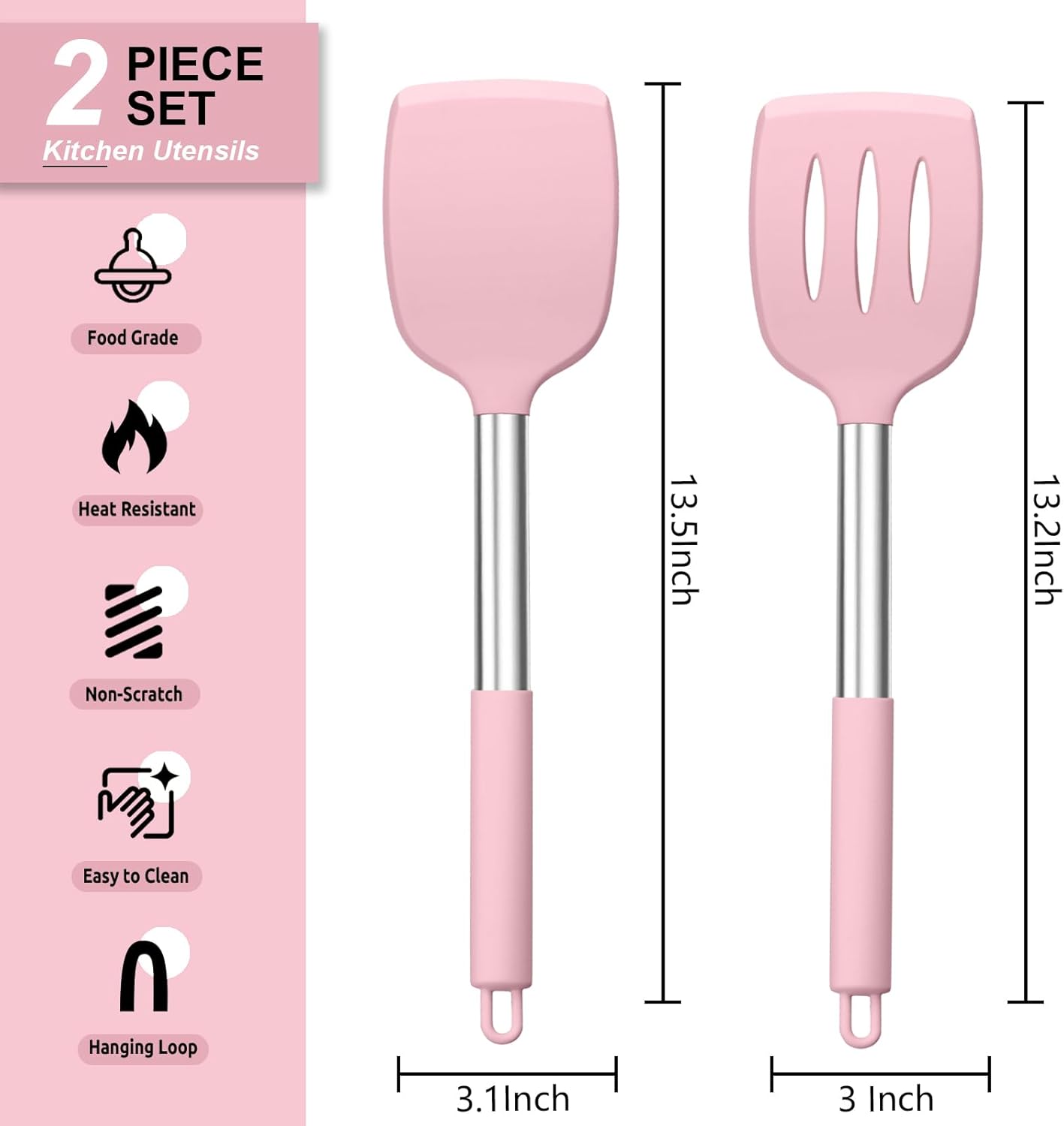 E-far Silicone Spatula Set of 2, Solid & Slotted Turner for Nonstick Cookware, Heat Resistant Rubber Kitchen Cooking Utensils for Flipping Fish Pancake Egg - Pink