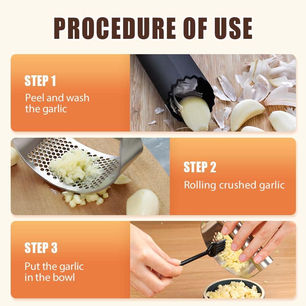Stainless Steel Garlic Press, 2026 Upgrade Garlic Press Rocker Heavy Duty Stainless Steel Garlic Mincer, Heavy Garlic Chopper with Peeler And Cleaning Brush (With Corkscrew)