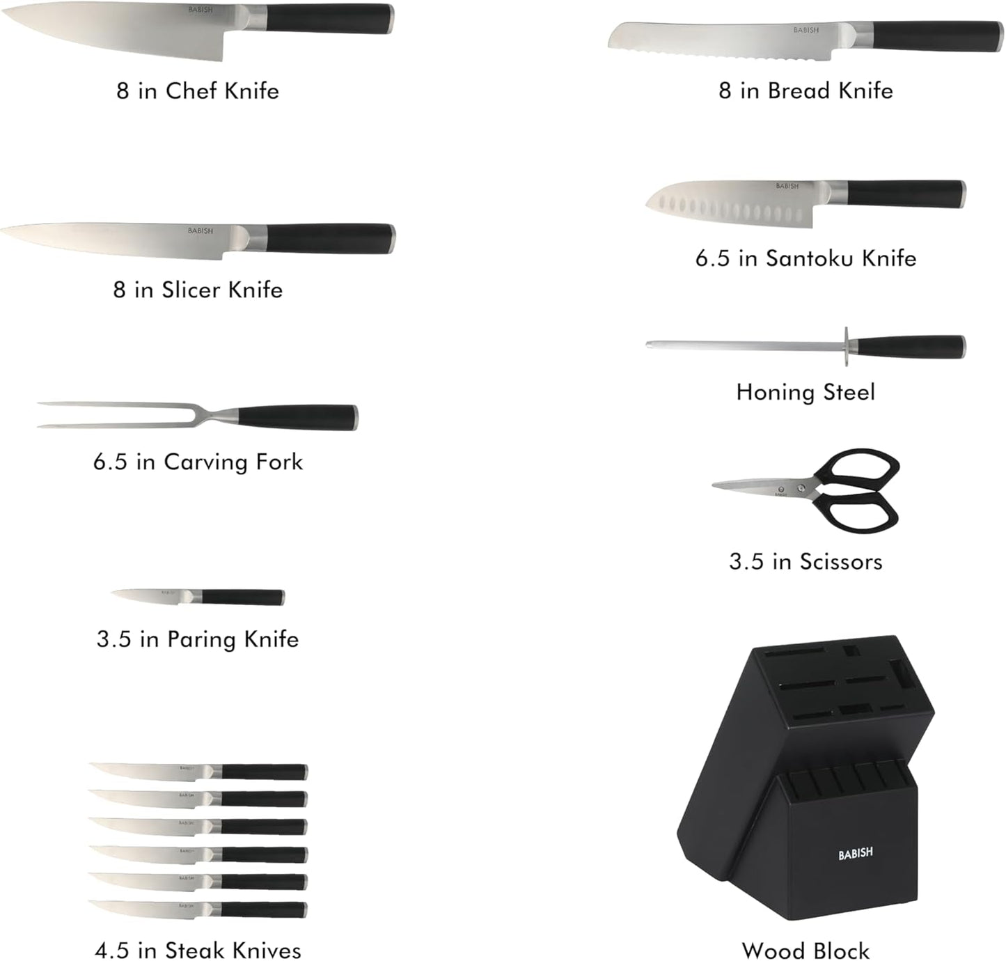 Babish High-Carbon 1.4116 German Steel 15 Piece Full Tang Forged Cutlery Kitchen Knife Block Set - Black