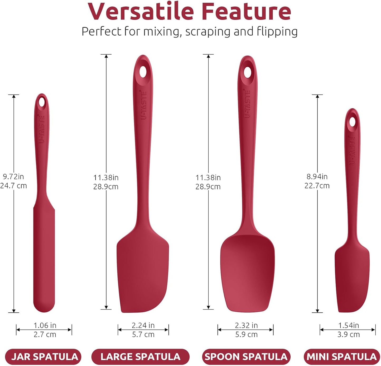 U-Taste Silicone Spatula Set with 600 Degrees Fahrenheit Heat Resistant (Red)