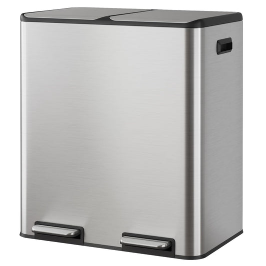 WLIVE 2 x 8 Gallon Dual Compartment Trash Can Stainless Steel, Pet-Proof Double Garbage Can Kitchen with Lid, Inner Buckets and Deodorizing Filter Box, Trash and Recycle Bin Combo, Silver