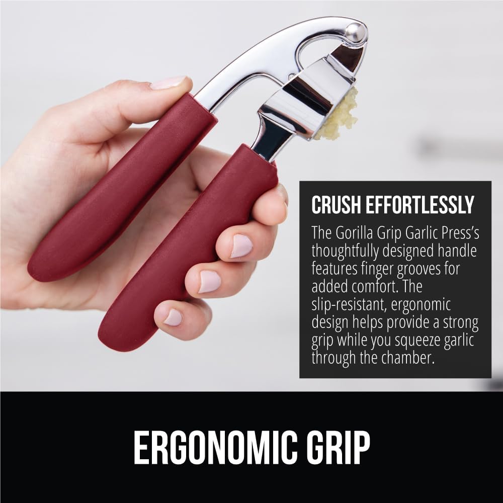 GORILLA GRIP Garlic Press and Peel Set, Heavy Duty Mincer Tool, Large Ergonomic Handle, Easily Mince and Crush Garlics, Ginger, Nuts, Seeds, Peeler Included, Peeling Cloves, Kitchen Gadgets, Red