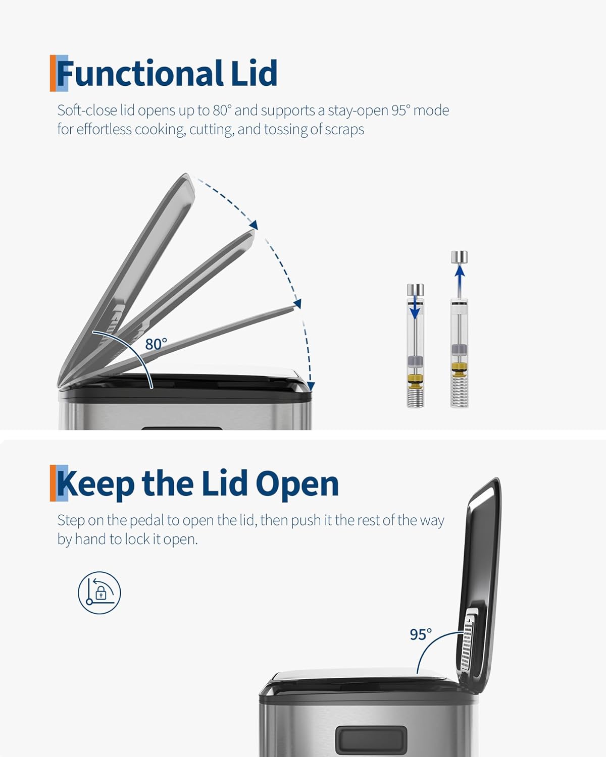 GarveeHome 2 x 10.6 gal Stainless Steel Double Trash Can with Lid for Kitchen, Large Dual Trash and Recycle Bin Combo, Step-on Kitchen Metal Garbage Cans, PP Inner Buckets, Liner Rim, Silver