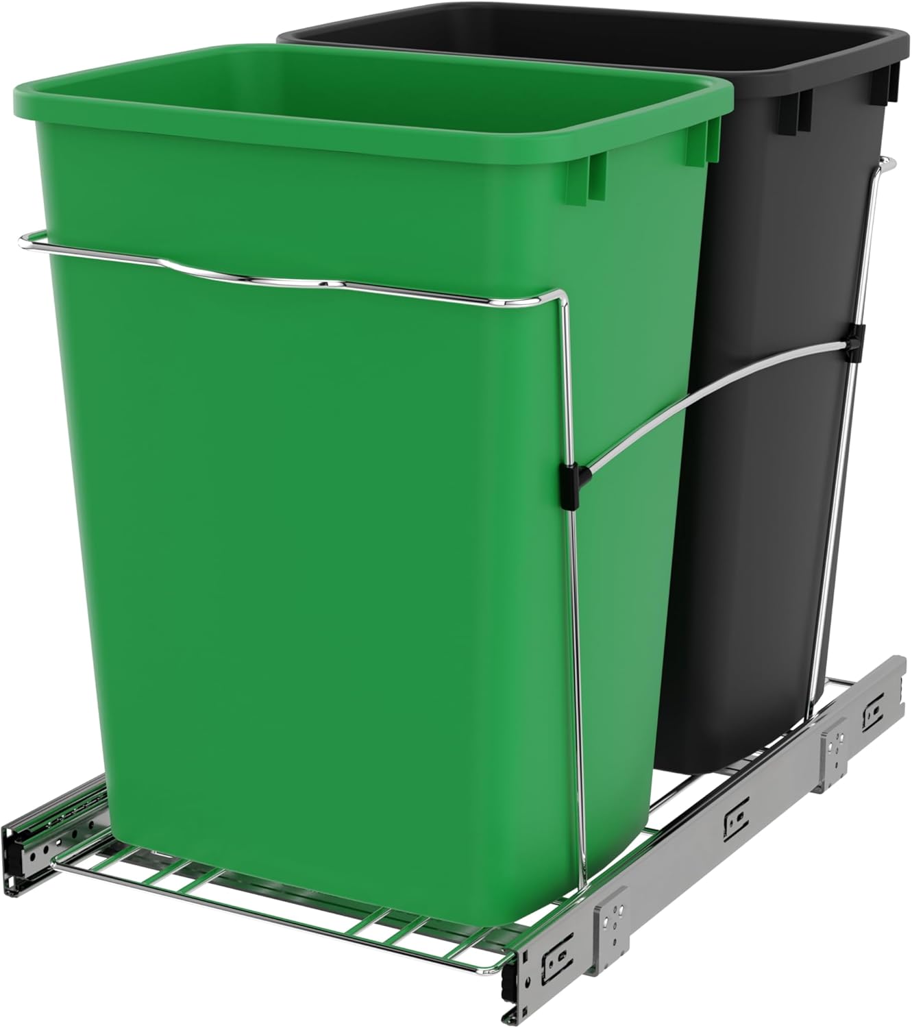 Rev-A-Shelf RV-18KD-1918C-S Double Pullout Trash Can for Kitchen Cabinets 35 Quart Garbage Recycling Bin Container on Full Slides, Green/Black