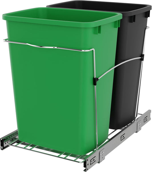 Rev-A-Shelf RV-18KD-1918C-S Double Pullout Trash Can for Kitchen Cabinets 35 Quart Garbage Recycling Bin Container on Full Slides, Green/Black