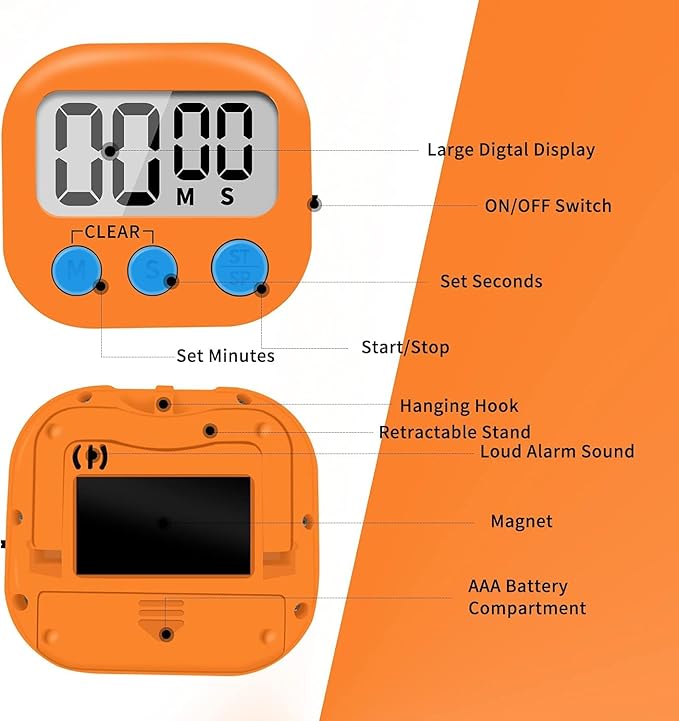 12 Pack Small Digital Kitchen Timer Magnetic Back and ON/Off Switch,Minute Second Count Up Countdown（White,Blue,Orange