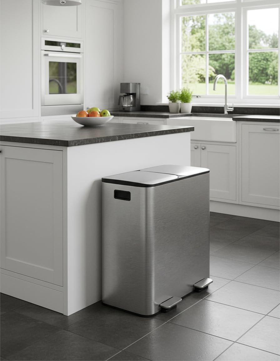 GarveeHome Double Trash Can for Kitchen, 16 Gal (2 x 8 Gal) Stainless Steel Dual Compartment Step-On Garbage & Recycle Bin Combo with Lids, Grey