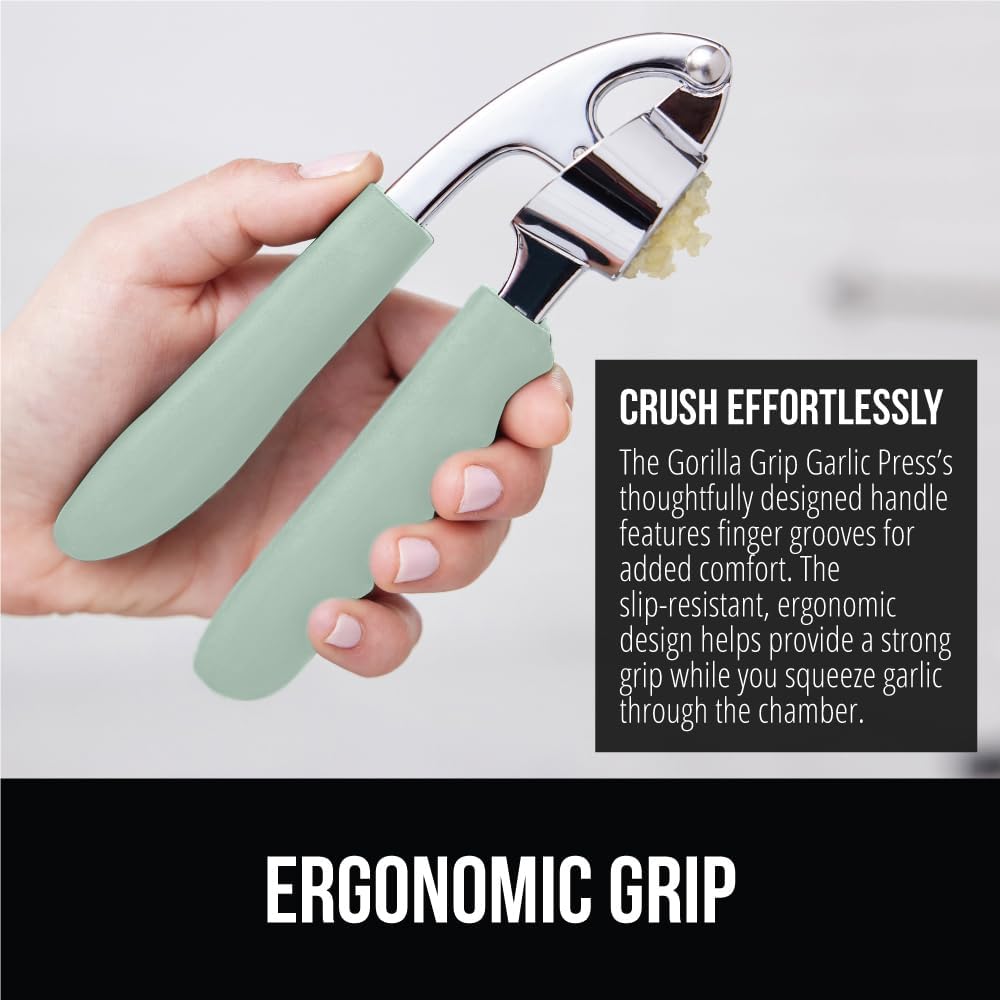 GORILLA GRIP Garlic Press and Peel Set, Heavy Duty Mincer Tool, Large Ergonomic Handle, Easily Mince and Crush Garlics, Ginger, Nuts, Seeds, Peeler Included, Peeling Cloves, Kitchen Gadgets, Mint