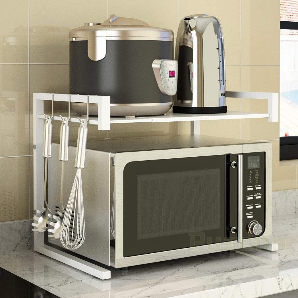 PUSDON Adjustable Carbon Steel Microwave Oven Rack, 2-Tier with 3 Hooks, 55lbs Weight Capacity, White