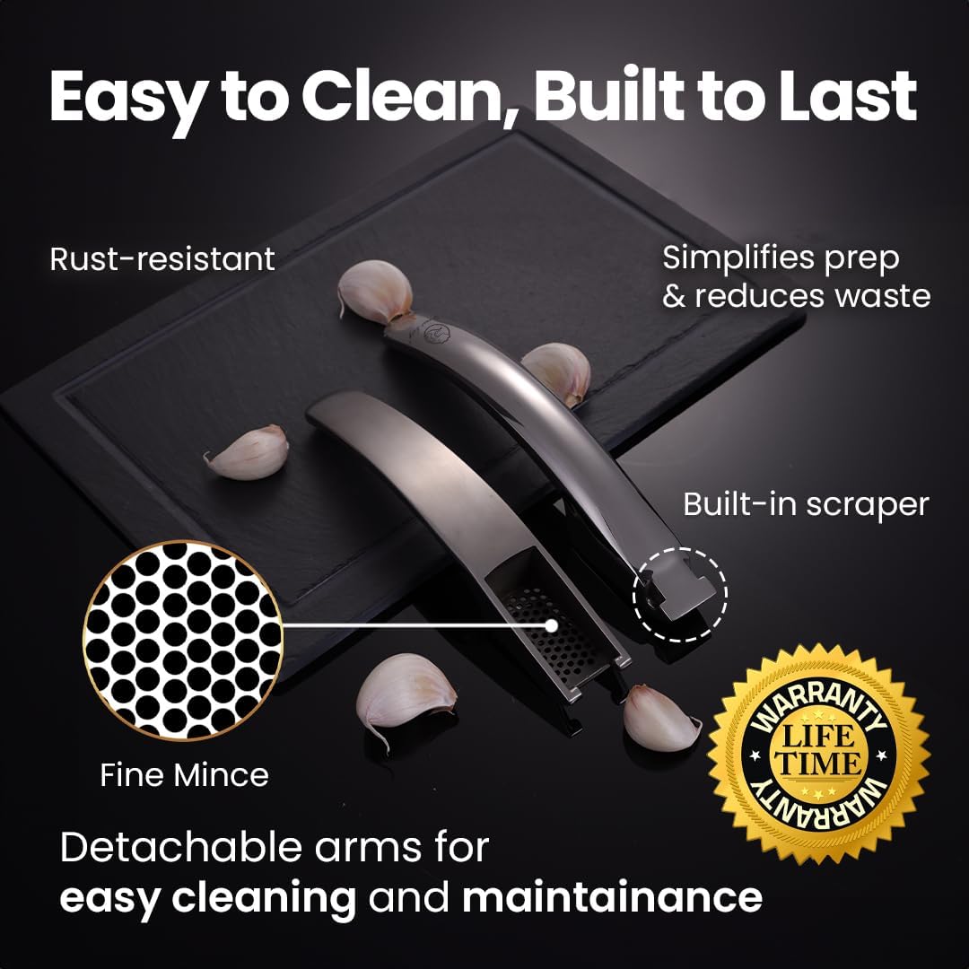 No Peeling Required Garlic Press Stainless Steel with Detachable Handle for Fine Mincing - Premium Garlic Mincer Tool, Rust-Proof, Easy to Clean, Dishwasher Safe Garlic Crusher with 5-Year Warranty