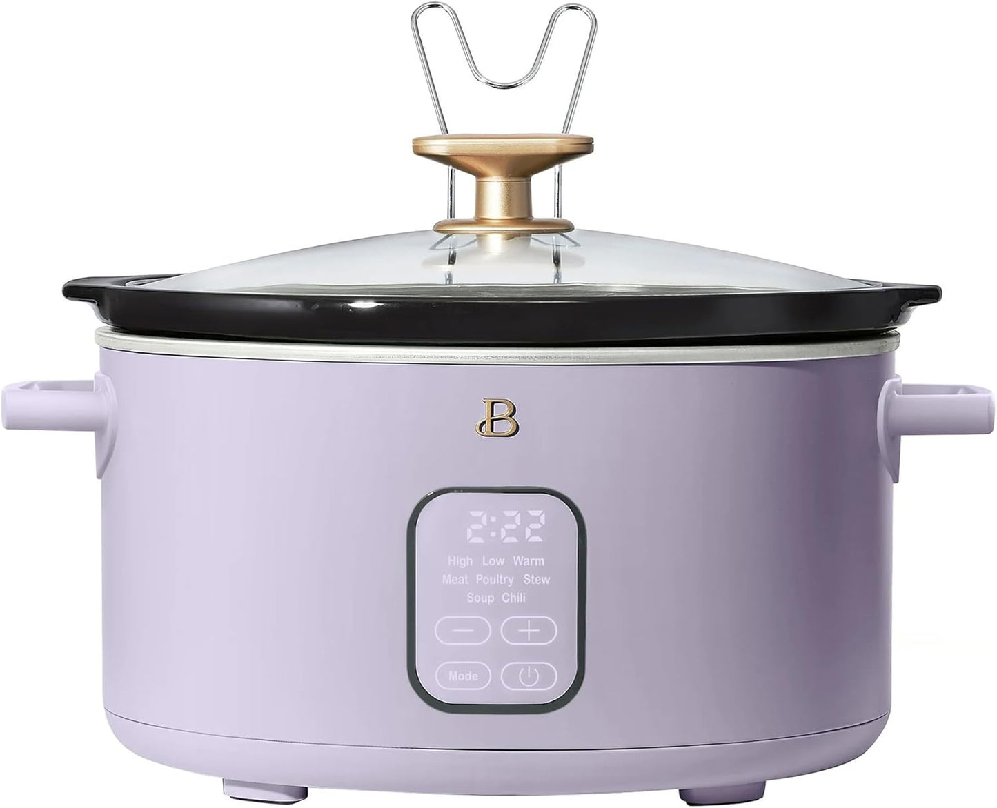 Beautiful 6 Qt Programmable Slow Cooker by Drew Barrymore - 5 Preset Cooking Functions, Digital Countdown Timer, Dishwasher-Safe Parts, and Cool-Touch Handles (Lavender.)
