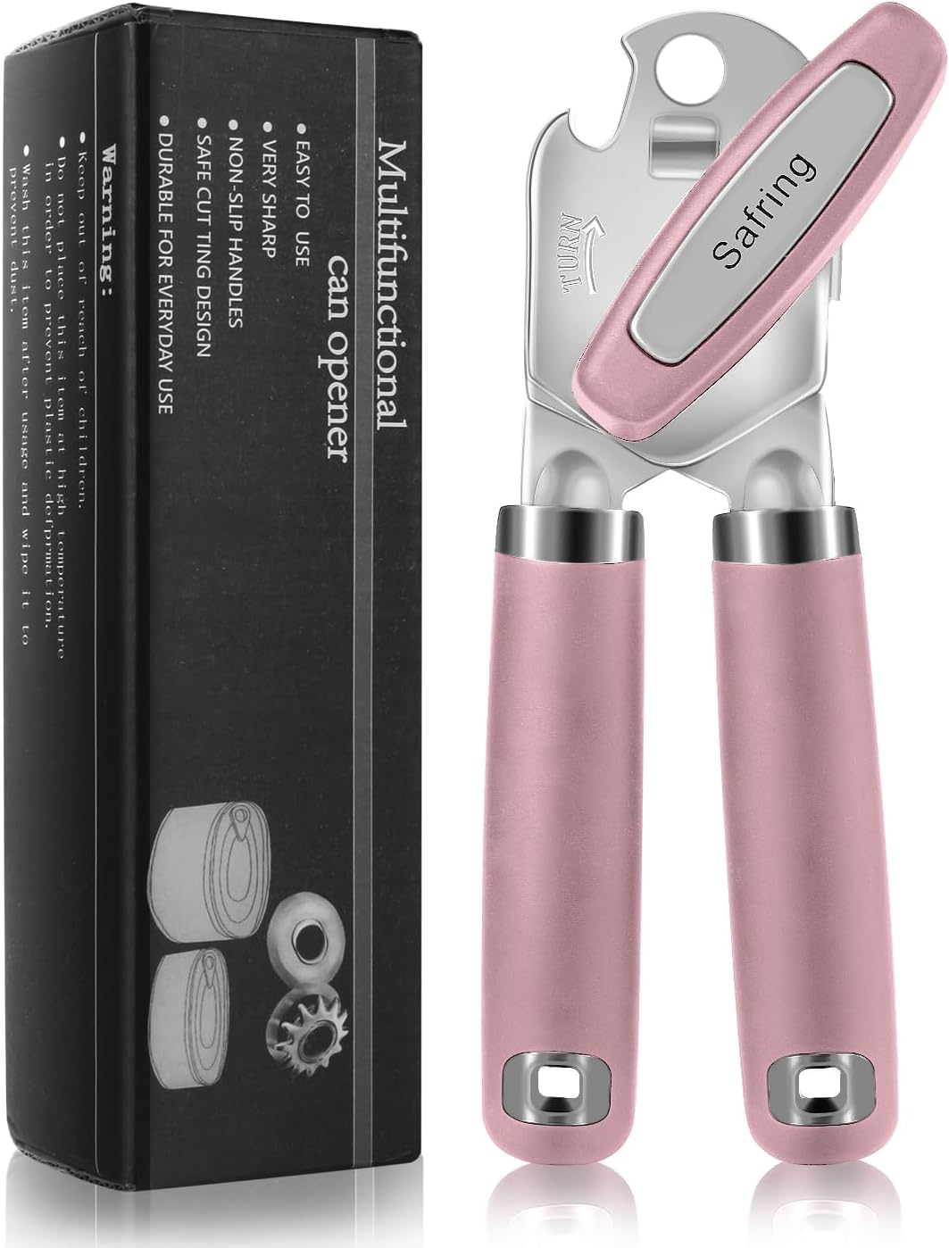 Can Opener Manual, Heavy Duty Handheld Strong Can Opener with Soft Touch Handle, Sharp Blade Smooth Edge, Can Openers with Multifunctional Bottle Opener, Pink