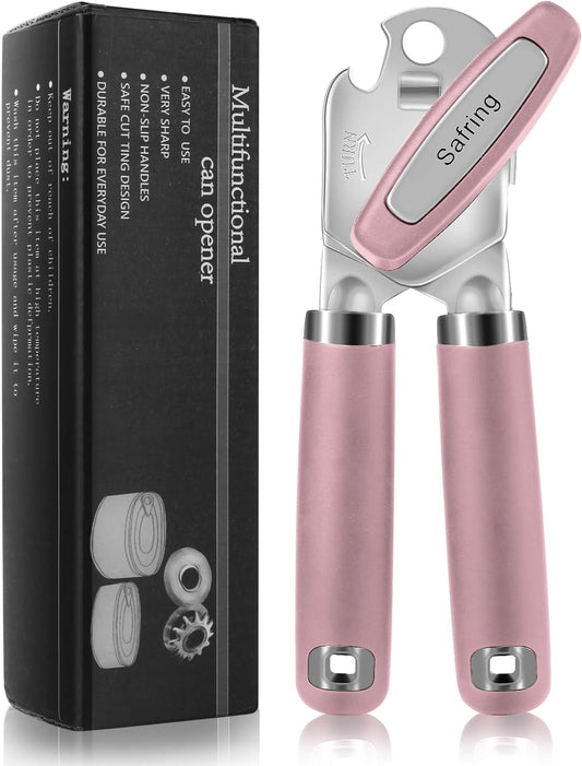 Can Opener Manual, Heavy Duty Handheld Strong Can Opener with Soft Touch Handle, Sharp Blade Smooth Edge, Can Openers with Multifunctional Bottle Opener, Pink