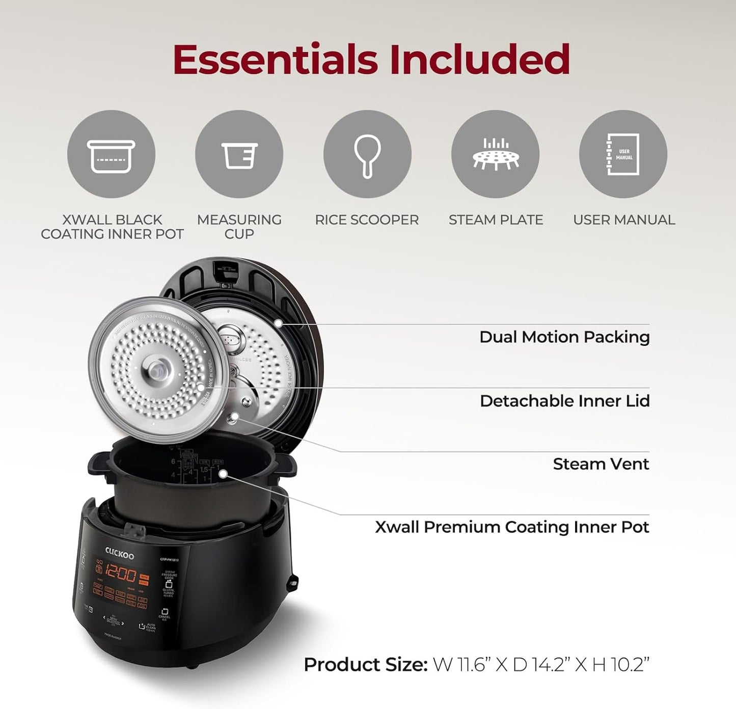 CUCKOO High Pressure Rice Cooker 6-Cup Uncooked / 12-Cup Cooked with Nonstick Inner Pot, Versatile Rice Maker with 12 Menu Options and Steam Plate, Fuzzy Logic Tech, Voice Guide, Black (CRP-P0609S)