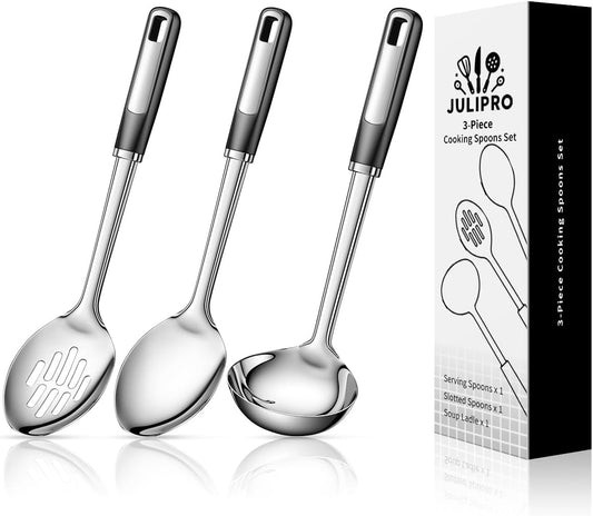 3-Piece Stainless Steel Cooking Spoons Set – Includes Slotted Spoon, Serving Spoon & Soup Ladle, Heat-Resistant, Dishwasher Safe, Ergonomic Handles for Home & Commercial Use
