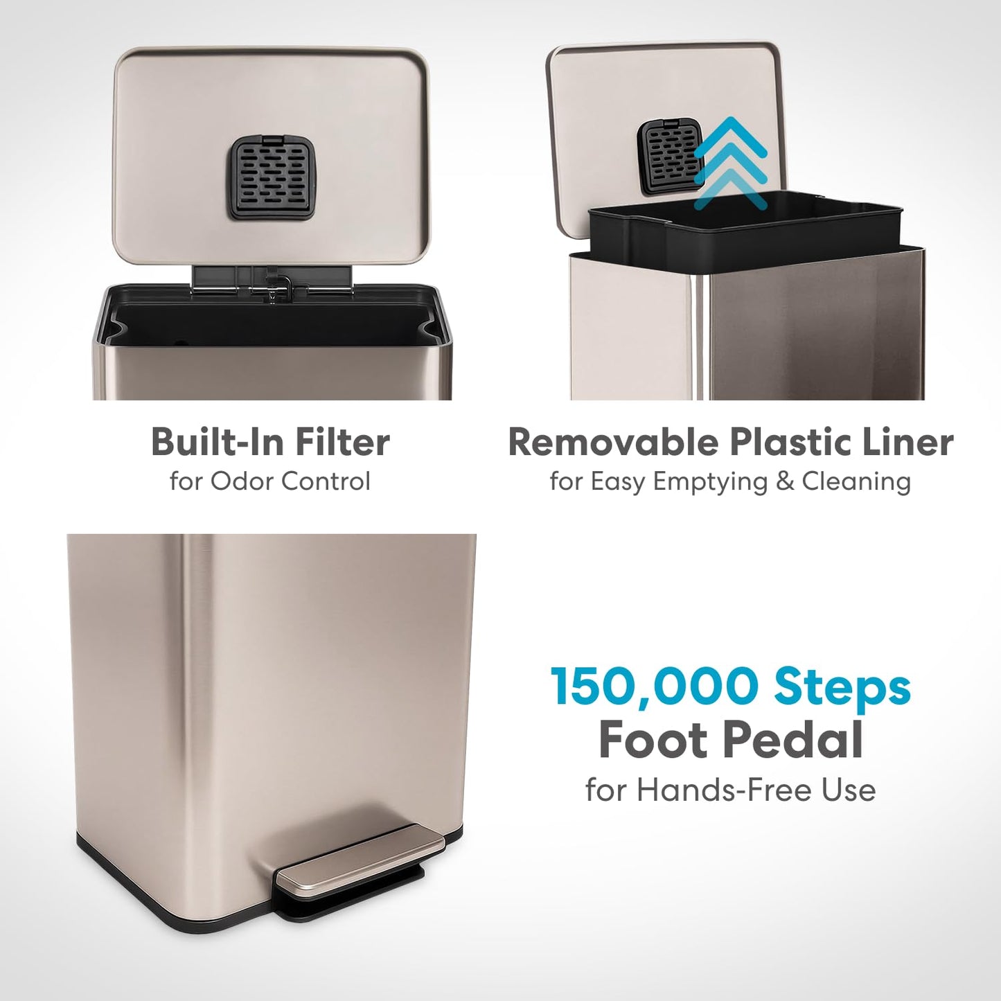 SIMPLI-MAGIC 13.2 Gallon (50L) Step Trash Can – Kitchen Garbage Can with Slow-Close Lid – Odor Control, Hands-Free, Easy to Clean, Brushed Stainless Steel (Rose Gold)