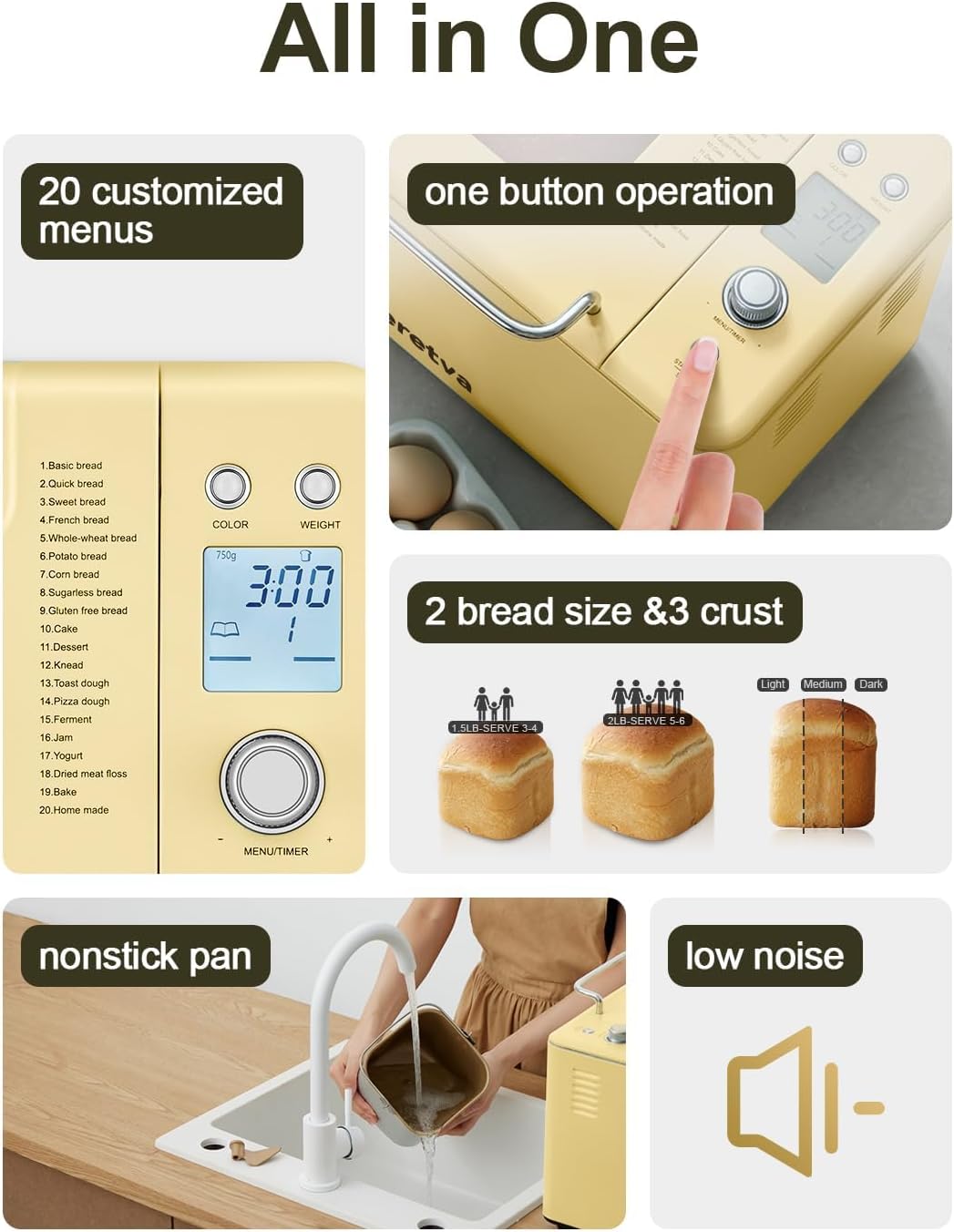 Neretva 20-IN-1 Bread Maker, Dual Heater 2LB Bread Machine All Metal&Nonstick Ceramic Pan Bread Makers Machine Compact for Gluten Free/Dough Maker/Dried Meat Floss/Jam/Yogurt, Breadmaker Recipe-Yellow