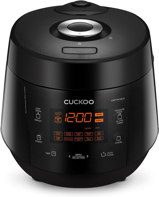 CUCKOO High Pressure Rice Cooker 10-Cup Uncooked / 20-Cup Cooked with Nonstick Inner Pot, Large Rice Maker with 13 Menu Options and Steam Plate, Fuzzy Logic Tech, Auto Clean, Black (CRP-PK1001S)