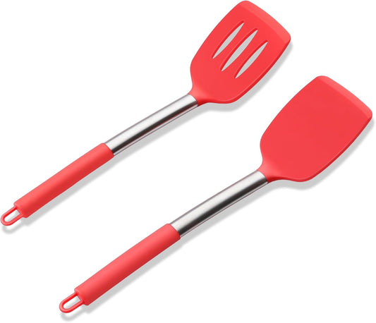 Silicone Spatula Set of 2, E-far Solid & Slotted Turner for Nonstick Cookware, Heat Resistant Rubber Kitchen Cooking Utensils for Flipping Fish Pancake Egg - Red