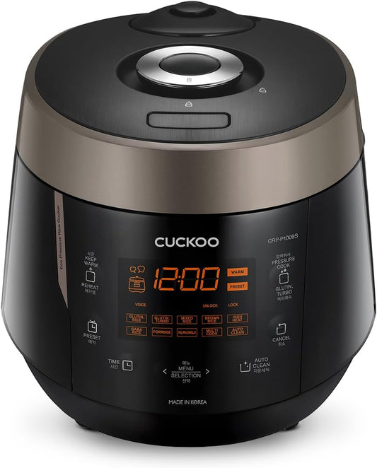CUCKOO High Pressure Rice Cooker 10-Cup Uncooked / 20-Cup Cooked with Nonstick Inner Pot, Large Rice Maker with 13 Menu Options and Steam Plate, Fuzzy Logic Tech, Voice Guide, Black (CRP-P1009SB)
