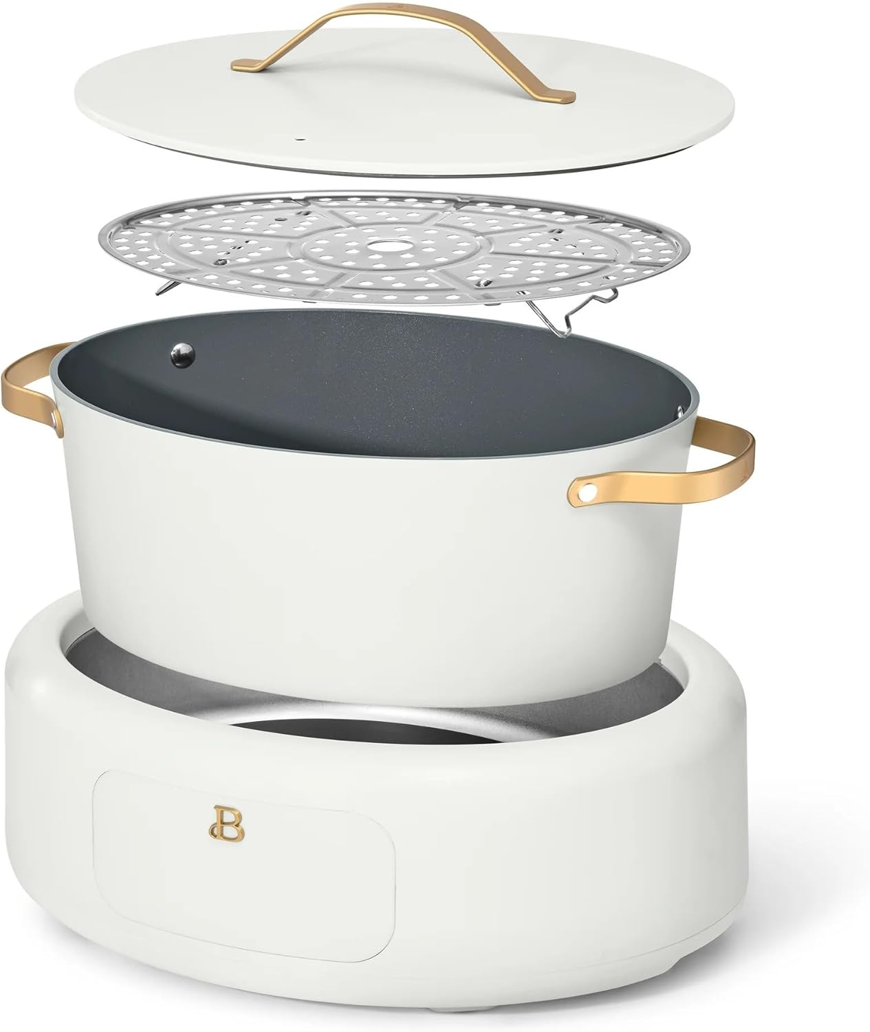 Beautiful 10-in-1 Electric Multi-Cooker by Drew Barrymore, 6-quart, digital display, 10 cooking functions, non-stick pot, easy one-touch control (White Icing)