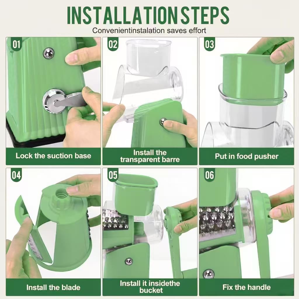 Rotary Cheese Grater with 5 Well-designed Blades & Strong Suction Base, Kitchen Mandoline Vegetable Slicer with Blade Storage Box (GREEN)