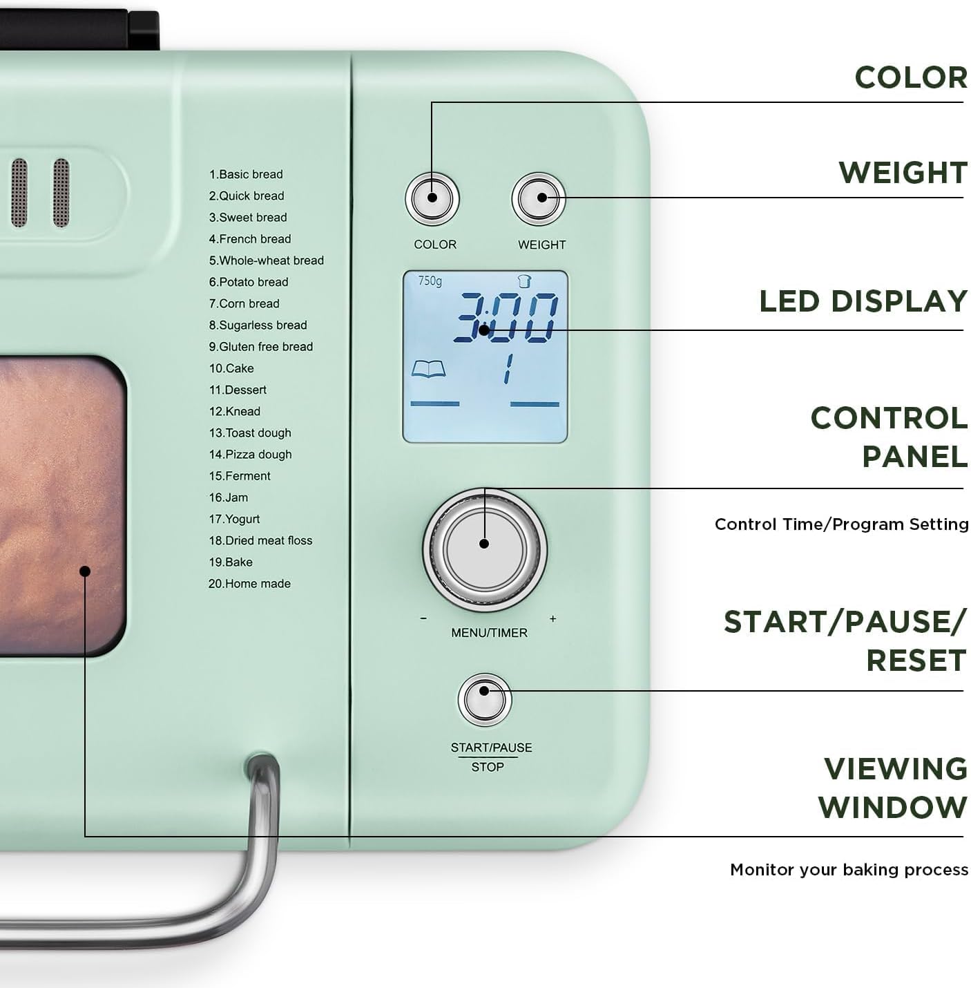 Neretva Bread Maker, 20-in-1 2LB Bread Machine Dual Heater & Nonstick Ceramic Pan Bread Makers Machine All Metal Compact for Gluten Free/Dough Maker/Meat Floss/Jam/Yogurt/Breadmaker Recipe-Light Green