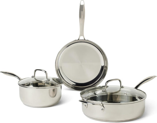 Amazon Basics Stainless Steel Cookware Set, 5-Piece Set, All Cooktop Friendly, Dishwasher-Safe
